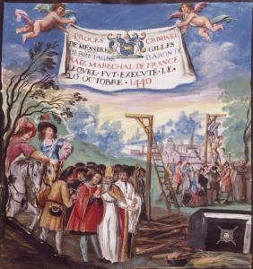 Exécution de Gilles de Rais (gibet et bûcher). Armes du président Bouhier, manuscrit à peinture, Paris, BnF tvers 1530 ).