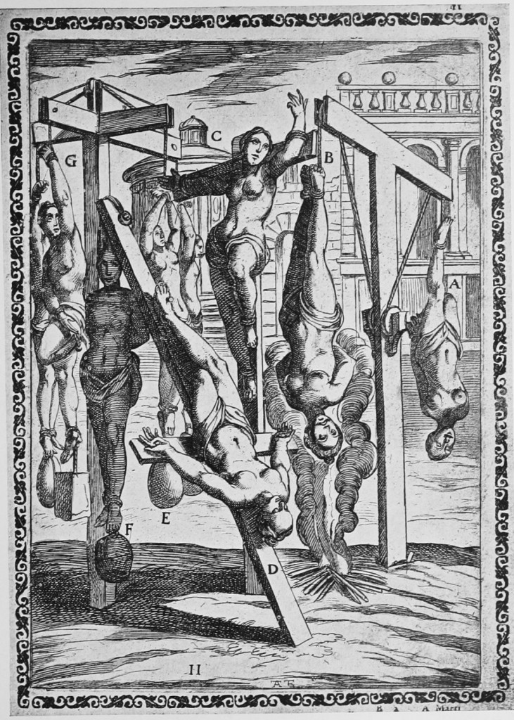 Antonio Gallonio (1556)1605)  - Première planche du Traité des instruments de martyre..., gravée par Antonio Tempesta (1591).