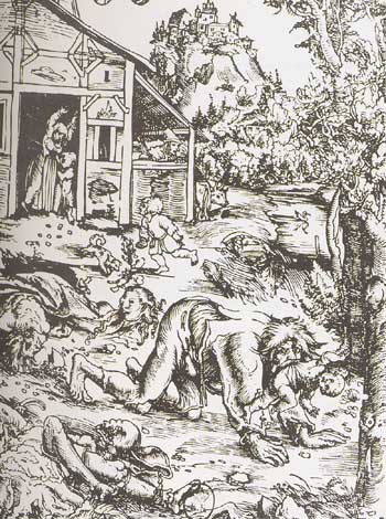 La peur du loup-garou (Bois gravé de L. Cranach, XVIe siècle).