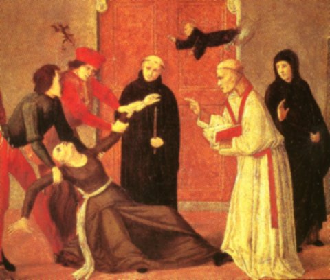 Saint Séverin de Noricum exorcisant le démon chez une jeune femme.