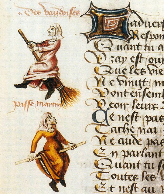 Sabbat - "Volo delle Streghe". Due miniature a bordo foglio dal poema storico "Le Champion des Dames" di Martin Le France (Normandia 1410 - 1461), manoscritto nel 1451.