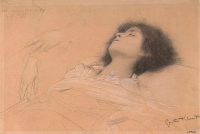  Gustav Klimt (1862-1918). Jeune fille allongée (étude pour le Théâtre Shakespeare) (1886-1887 ).
