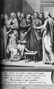 Séance de secours - une femme se frappe à coups de battoir. La légende de la figure indique - Percutiam et ego Sanabo (« Je frapperai et je guérirai » - Deutéronome XXXII, 39). Gravure anonyme du XVIIIe siècle