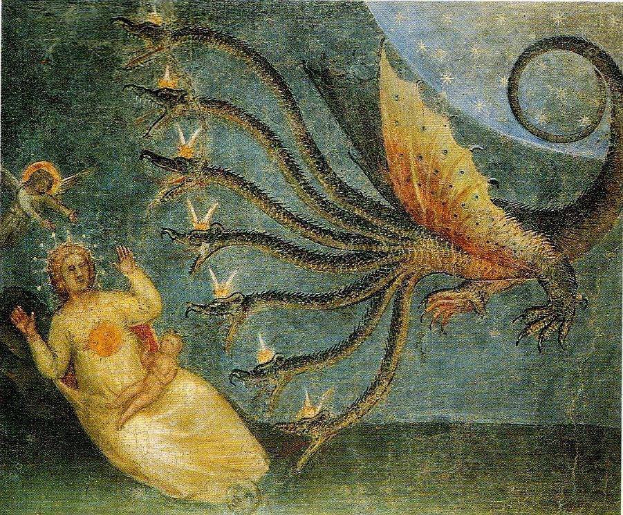 The Beast rises from the Sea of the Apocalypse by Giovanni Menaboui {ca.1375}.