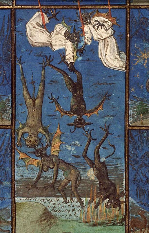 La chute des Anges Bible moralisée, Bruges 1455-1460 (Den Haag, Koninklijke Bibliotheek, 76 E 7, fol. 1r).