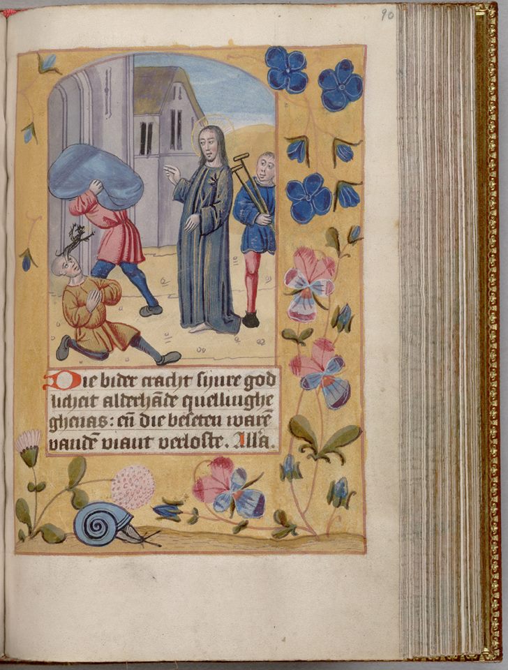 Jesus liberating a man from a demon and making a cripple walk (right). Devotions, c. XV century, HM 1140, f. 90r, Henry E. Huntington Library and Art Gallery, San Marino, California. 