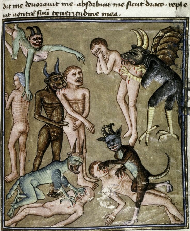 MS. Douce 134, f. 100r (devils bite and scratch the damned). Livre de la Vigne nostre Seigneur. France, vers. 1450-1470.
