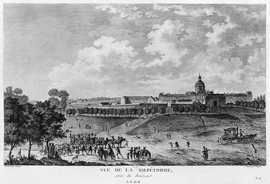 XIR287091 View of Hopital La Salpetriere, transport of prostitutes, Paris, engraved by Duparc, after a drawing by Savard, c.1790 (engraving) (b/w photo) by French School, (18th century); Bibliotheque Nationale, Paris, France; (add. info.: originally a gunpowder factory; prison for prostitutes; place for the poor, the insane and epileptics; psychiatric center; designed by architect Liberal Bruant (c.1635-97); porte Saint Bernard); Giraudon; French, out of copyright