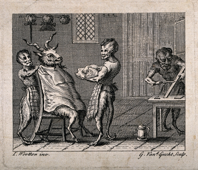 V0019695 Half-human, half-monkey barbers shaving a goat. Engraving by Credit: Wellcome Library, London. Wellcome Images images@wellcome.ac.uk http://wellcomeimages.org Half-human, half-monkey barbers shaving a goat. Engraving by G. van der Gucht after J. Wootton. By: John Woottonafter: Gerard van der GuchtPublished: - Copyrighted work available under Creative Commons Attribution only licence CC BY 4.0 http://creativecommons.org/licenses/by/4.0/