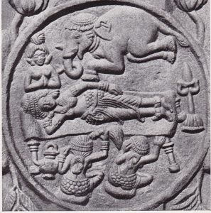La Rene Mâya voit en rêve le Bodhisattva descendre en sonsein sous la forme d'un petit éléphant blanc. Bharhout (Inde).