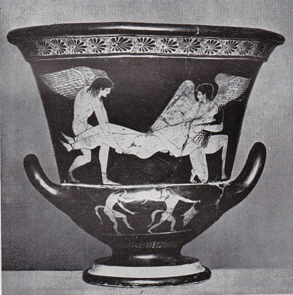 Typos et Thanatos transportant le corps de Sarpédon au pied du trône de Zeus. Grand cratère. Musée du Louvre. 