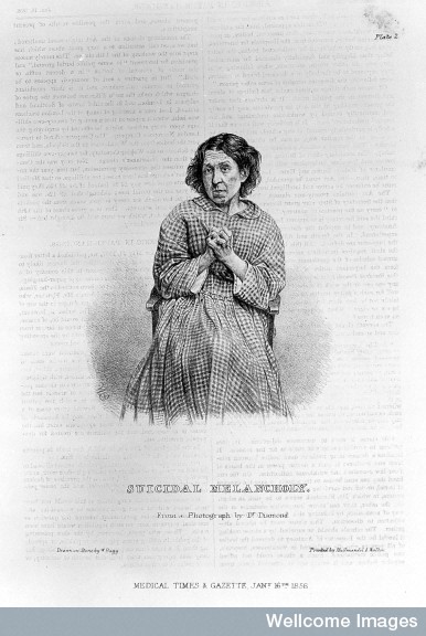 L0022593 'Suicidal melancholy' Credit: Wellcome Library, London. Wellcome Images images@wellcome.ac.uk http://wellcomeimages.org 'Suicidal melancholy' after a photograph by H. W. Diamond Lithograph By: W. Baggafter: Hugh Welch DiamondThe Medical Times and Gazette Published: Jan 2 to June 26 1858 Copyrighted work available under Creative Commons by-nc 2.0 UK, see http://wellcomeimages.org/indexplus/page/Prices.html
